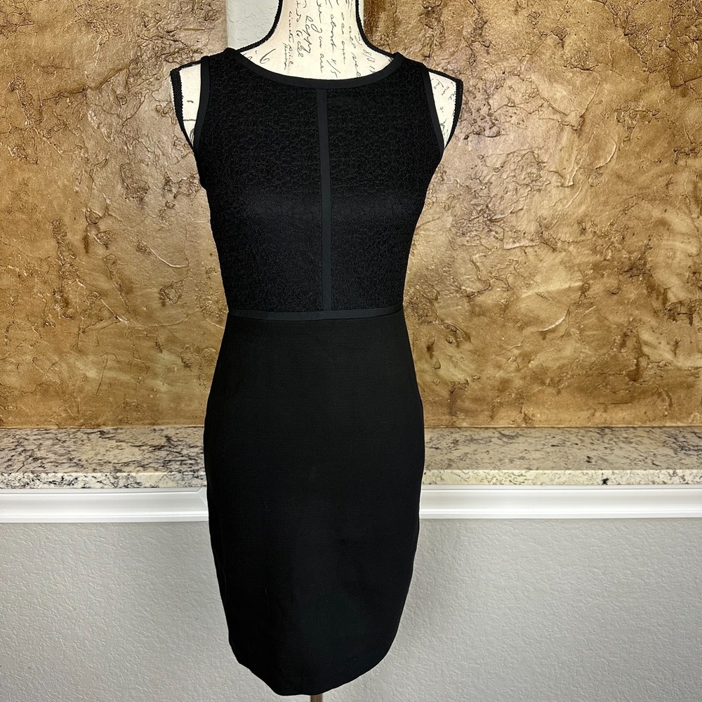 NWT Ann Taylor Loft Sheath Dress Womens 00P Sleeveless Knit Lace Decorated Black